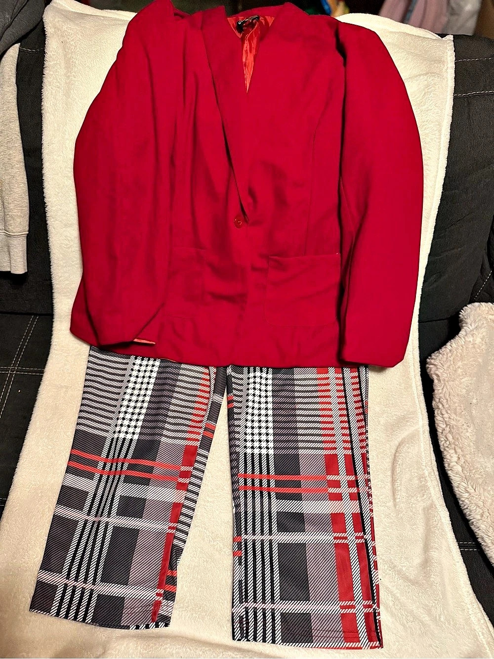 Chico's Plaid Pantsuit in Red & Gray Like New